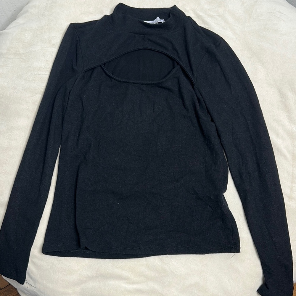 Red Haute Black Cut Out Mandarin Collar Long Sleeve Tee